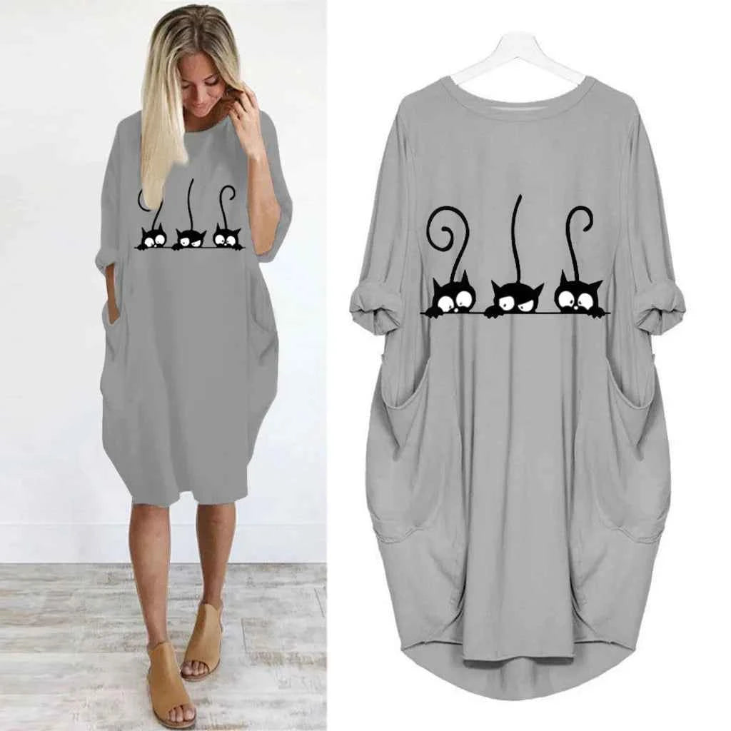 Women's Loose Long Sleeved Summer Plus Size Dress Autumn Winter Casual Round Neck Solid Color Long Sleeve Pocket Loose Pullove