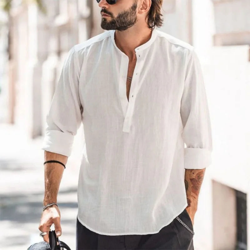 Men's Casual Stand Collar Placket Solid Color Long Sleeve Shirts, Slub Cotton Dress Shirts