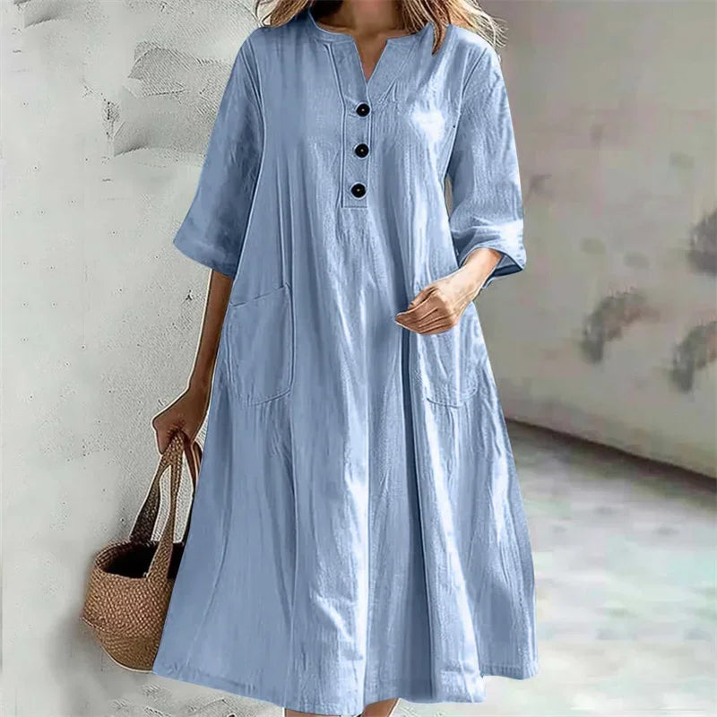 New Solid Color Cotton Linen Comfortable Casual Dresses Women Half Sleeve Loose Dress Gown Female Double Pocket Patchwork Frock