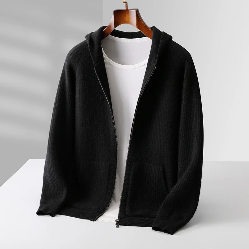 New Men's Thick Zipper Hoodie Cardigan100% Merino Wool Knitted Sweater Casual Loose Autumn/Winter Warm Hoodie Long Sleeve Jacket