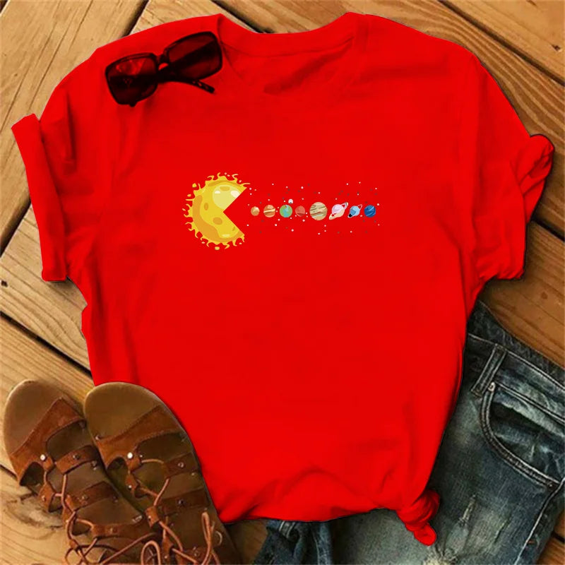 Planetary-themed solar system print T-shirt for women, luxury brand T-shirt, summer fashionable short-sleeved T-shirt
