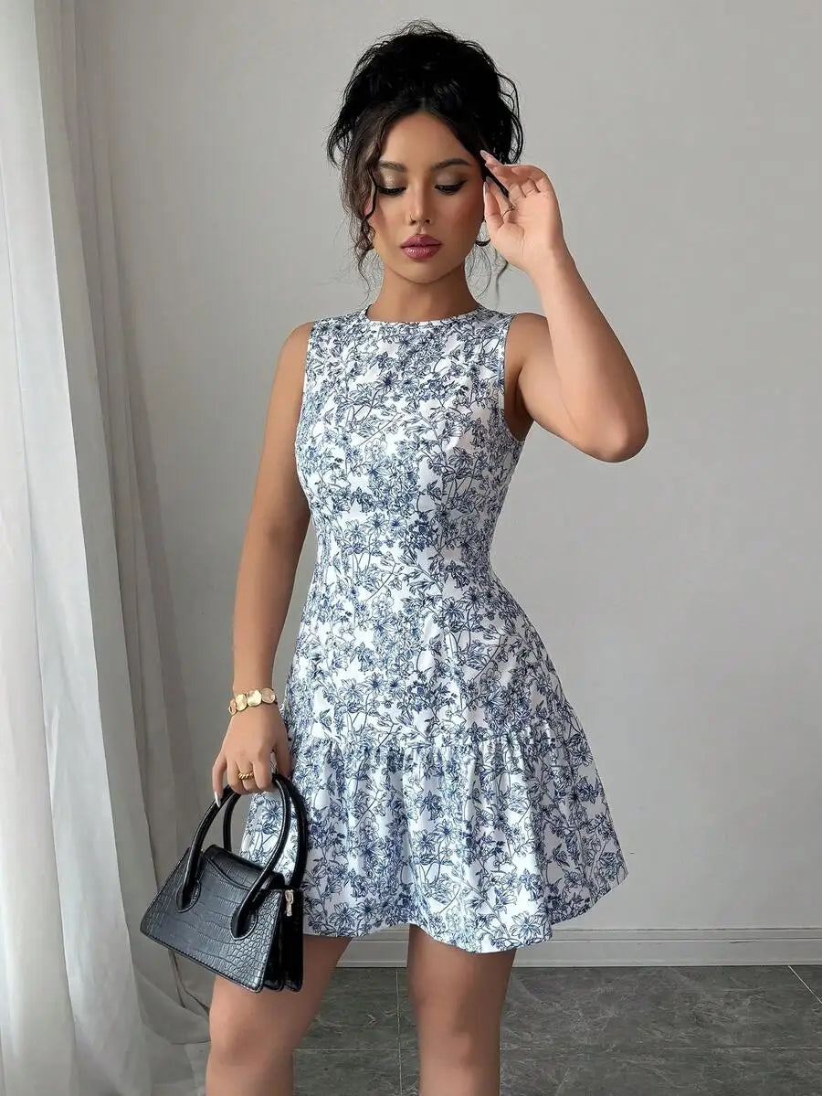 Spring/Summer Boho And French-Style Blue And White Floral Dress, Sleeveless With A Round Neckline