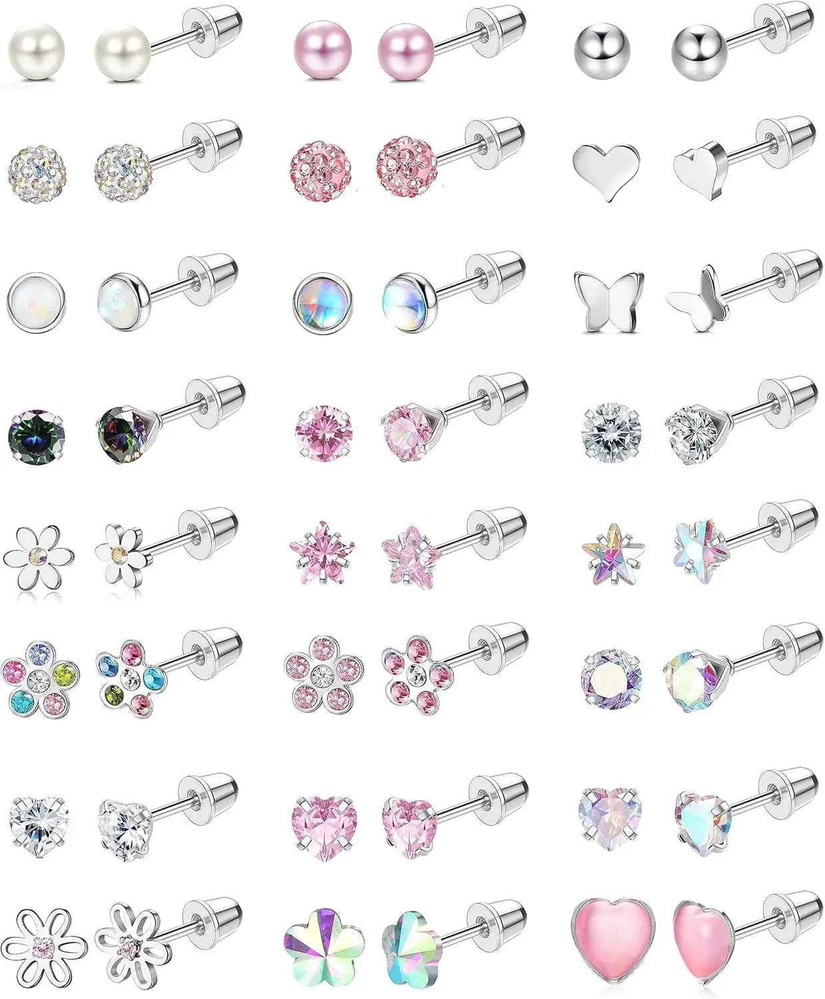 24Pairs Stainless Steel Stud Earrings for Women CZ Screw Back 4mm Tiny Flat Back Studs Cute Dainty Jewelry Gift Set 16G 18G