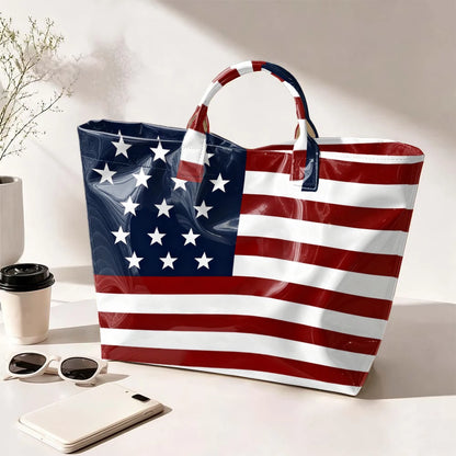 Retro American Flag Bright Face Tote Bag Waterproof PVC Patriotic Star-Spangled Banner Shoulder Bag