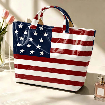 Retro American Flag Bright Face Tote Bag Waterproof PVC Patriotic Star-Spangled Banner Shoulder Bag