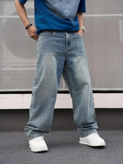 Men'S Casual Straight Wash Jeans - Light Blue, Loose Fit, Oblique Pocket, Comfortable Blend, Suitable For Casual Wear