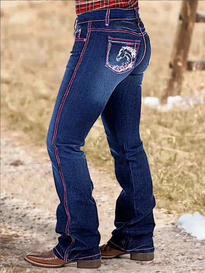 【HME】Jeans | Women Western Bootcut Denim Pants, Horse Embroidered Back Pockets Denim,