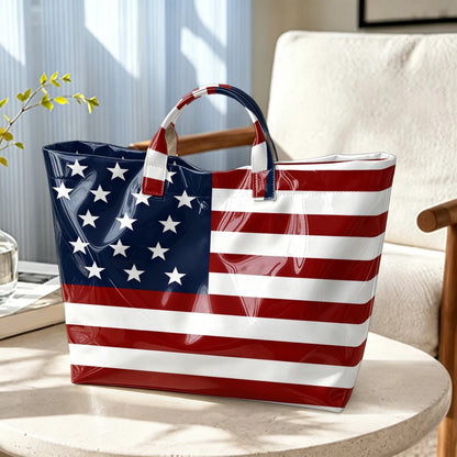 Retro American Flag Bright Face Tote Bag Waterproof PVC Patriotic Star-Spangled Banner Shoulder Bag