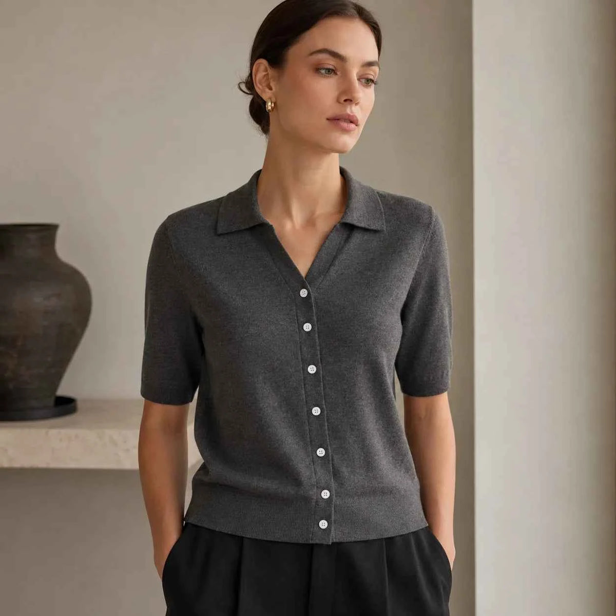 MZ62054 Women's Soft Cashmere Blend Cardigan Short Sleeve Polo Collar Button Front Knit Sweater Refined Daily Top