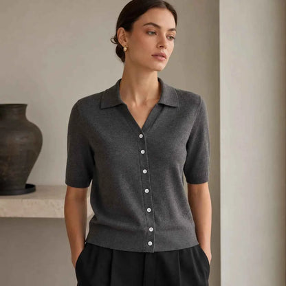 MZ62054 Women's Soft Cashmere Blend Cardigan Short Sleeve Polo Collar Button Front Knit Sweater Refined Daily Top