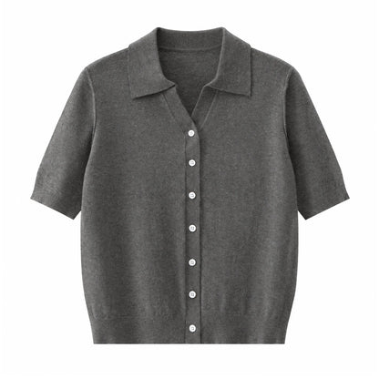 MZ62054 Women's Soft Cashmere Blend Cardigan Short Sleeve Polo Collar Button Front Knit Sweater Refined Daily Top