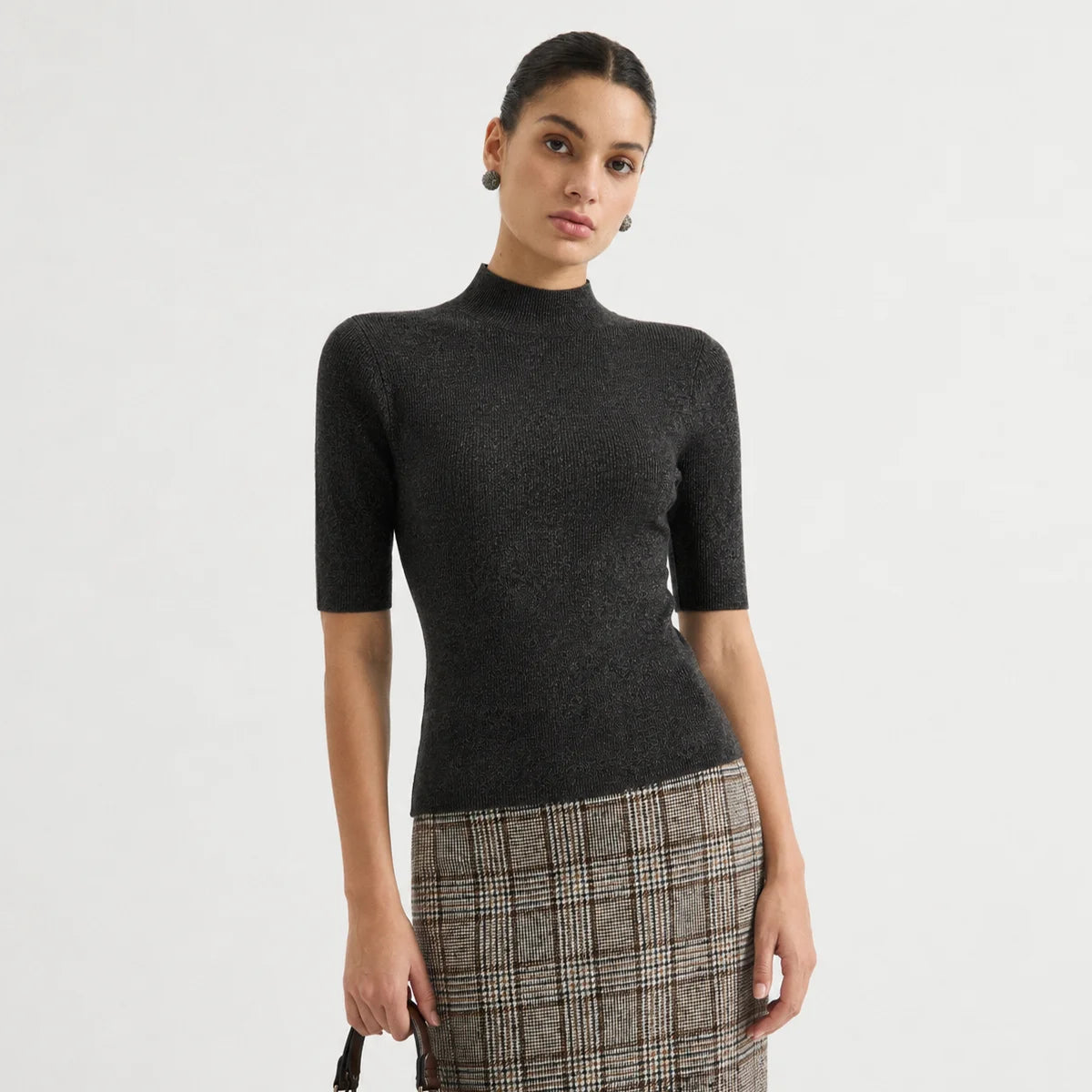 MZ62004 Women's Cashmere Blend Short Sleeve Knit Top Mock Neck Soft Textured Pullover Sweater for Work Daily Wear Fall 2026