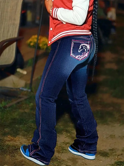【HME】Jeans | Women Western Bootcut Denim Pants, Horse Embroidered Back Pockets Denim,