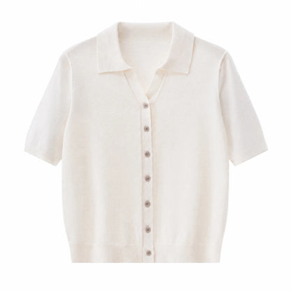 MZ62054 Women's Soft Cashmere Blend Cardigan Short Sleeve Polo Collar Button Front Knit Sweater Refined Daily Top