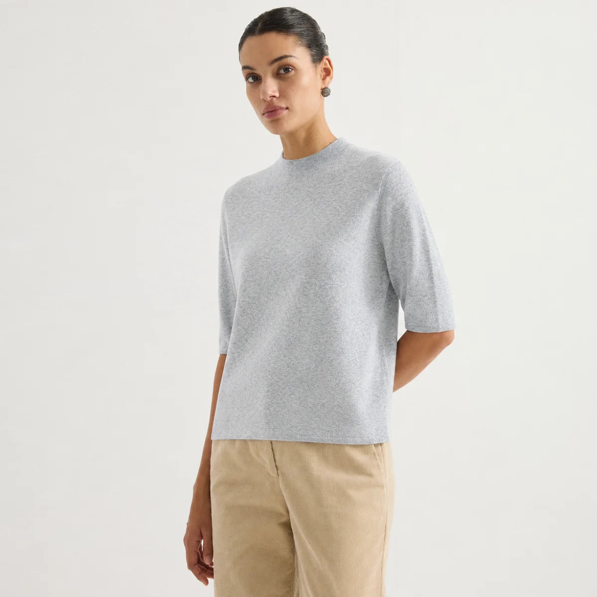 MZ62004 Women's Cashmere Blend Short Sleeve Knit Top Mock Neck Soft Textured Pullover Sweater for Work Daily Wear Fall 2026
