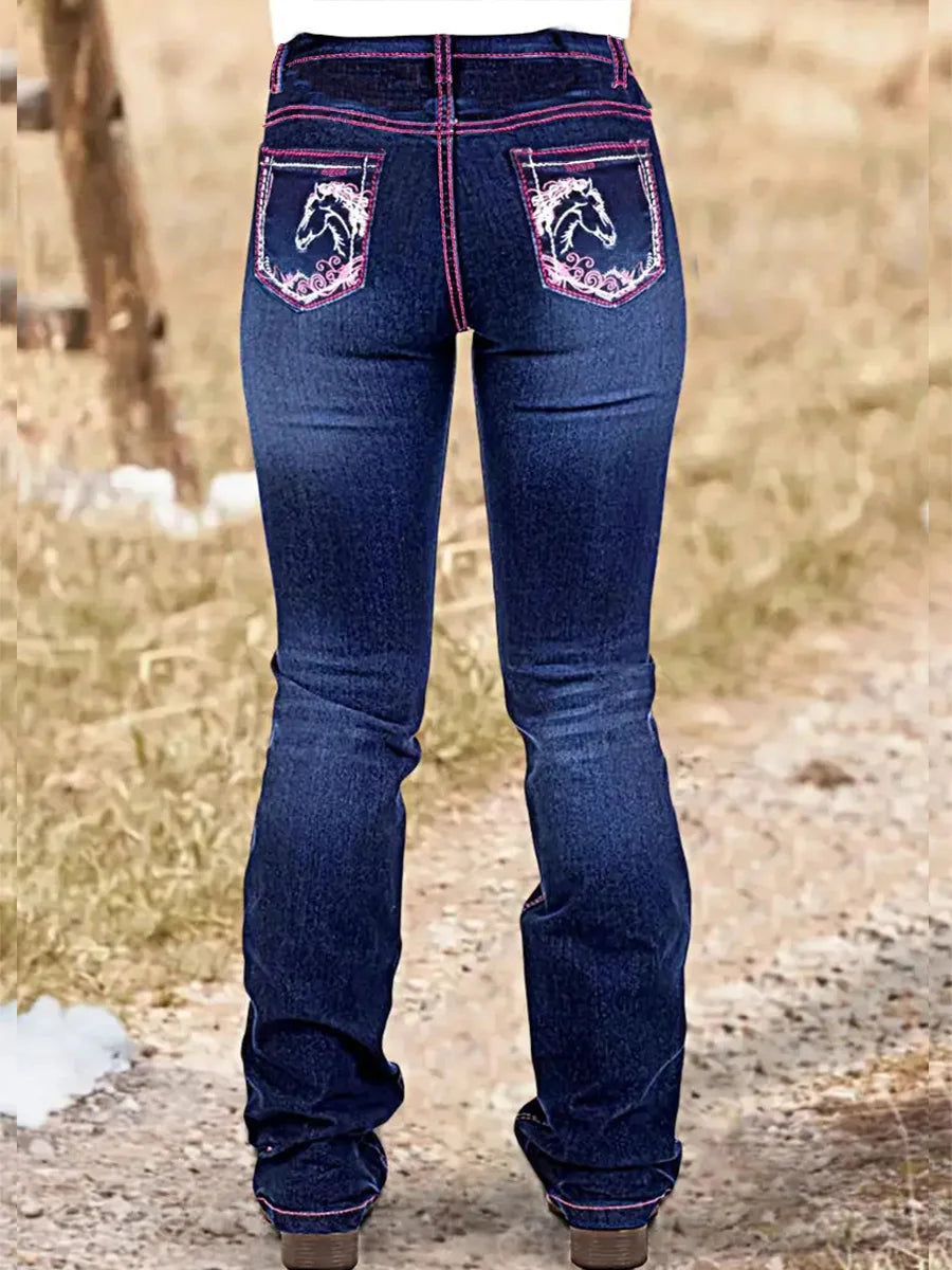 【HME】Jeans | Women Western Bootcut Denim Pants, Horse Embroidered Back Pockets Denim,