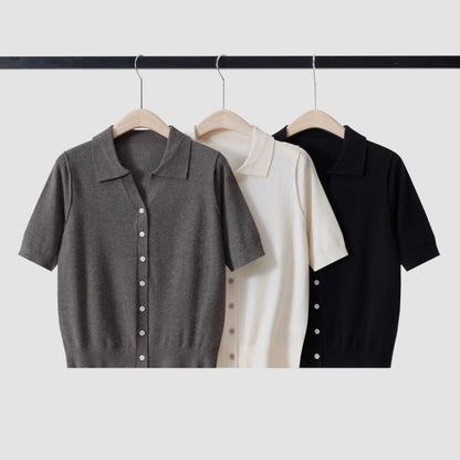 MZ62054 Women's Soft Cashmere Blend Cardigan Short Sleeve Polo Collar Button Front Knit Sweater Refined Daily Top