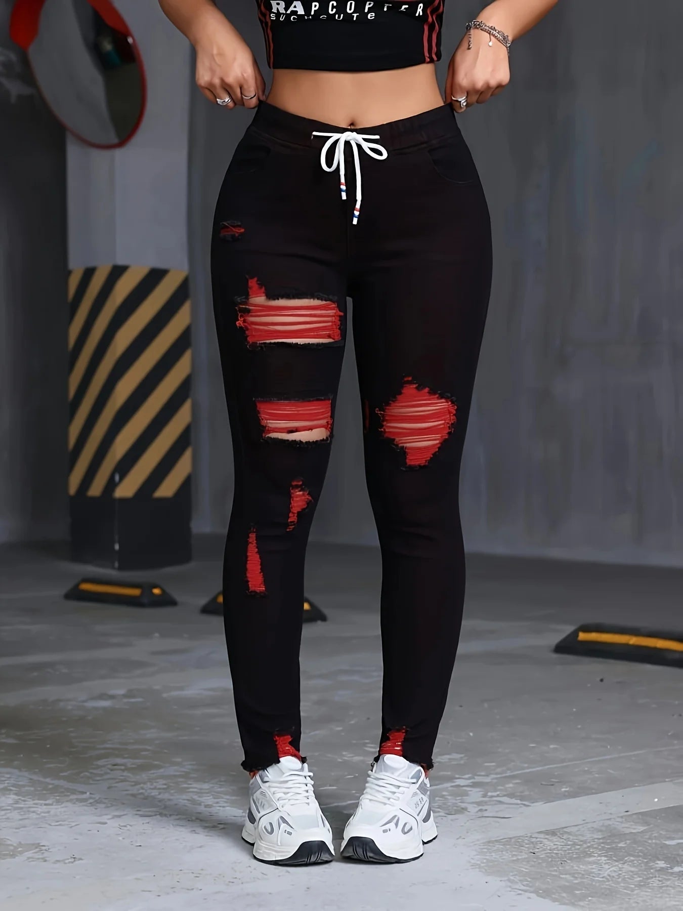Women's Stretch Jeans Elastic Waist Drawstring Elegant Distressed Red Skinny Personalized Designer Style Suitable for All Seaso