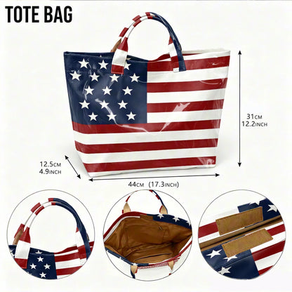 Retro American Flag Bright Face Tote Bag Waterproof PVC Patriotic Star-Spangled Banner Shoulder Bag