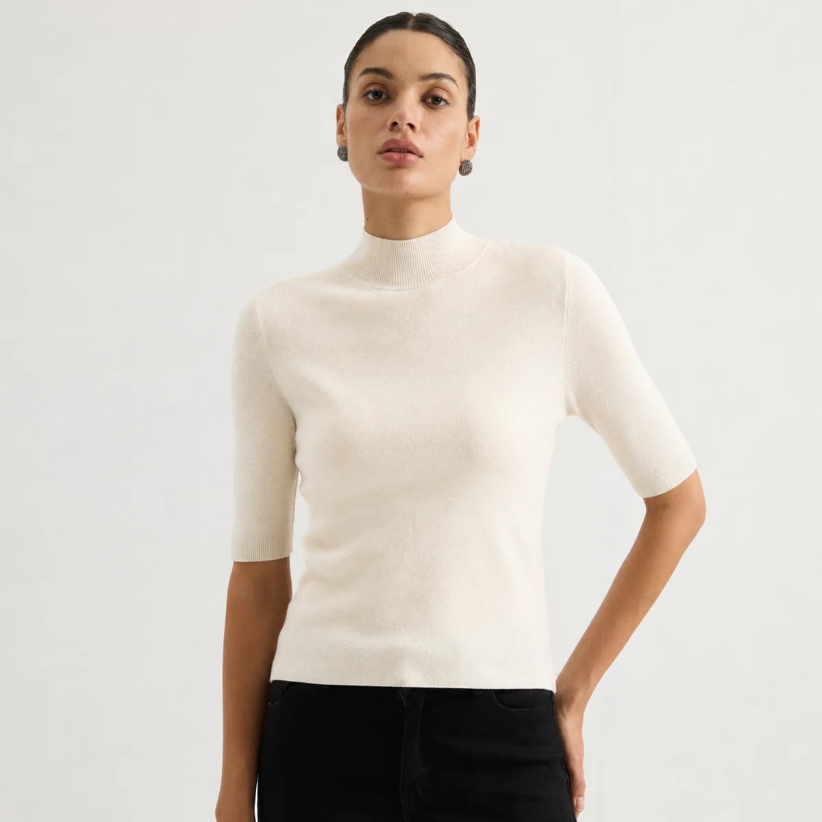MZ62004 Women's Cashmere Blend Short Sleeve Knit Top Mock Neck Soft Textured Pullover Sweater for Work Daily Wear Fall 2026
