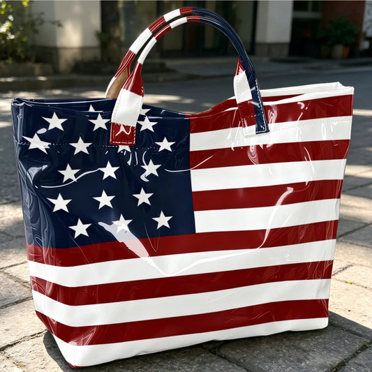 Retro American Flag Bright Face Tote Bag Waterproof PVC Patriotic Star-Spangled Banner Shoulder Bag