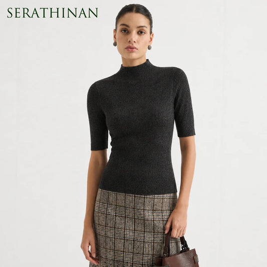 MZ62004 Women's Cashmere Blend Short Sleeve Knit Top Mock Neck Soft Textured Pullover Sweater for Work Daily Wear Fall 2026