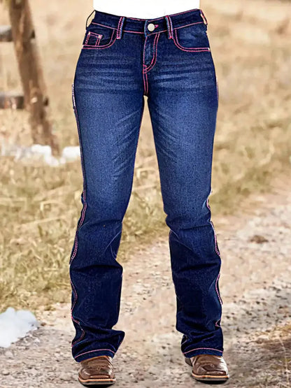 【HME】Jeans | Women Western Bootcut Denim Pants, Horse Embroidered Back Pockets Denim,