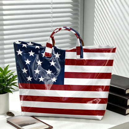 Retro American Flag Bright Face Tote Bag Waterproof PVC Patriotic Star-Spangled Banner Shoulder Bag