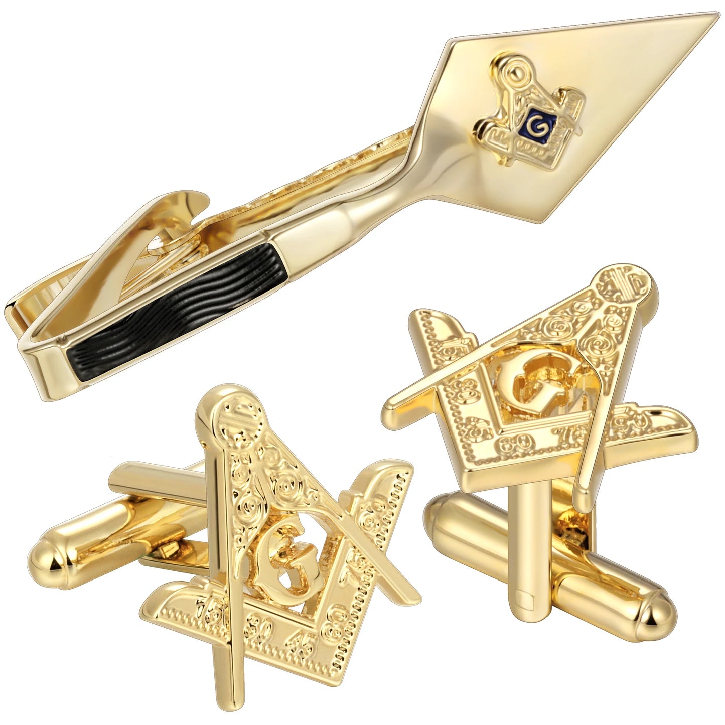 Mens Freemason Cufflinks 18K Gold Plated Square Compass Symbol with Black Blue Enamel and Crystal Rhinestones Gifts for Masonic