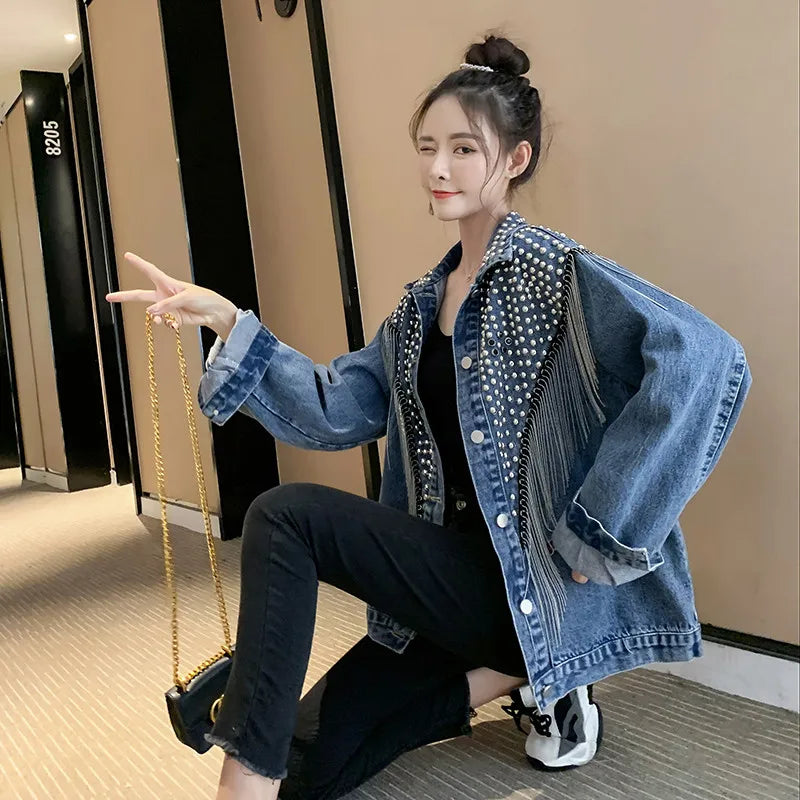 2025 Autumn New Denim Jacket Women Overcoat Streetwear Hand-studded Rivet Tassel Jeans Jacket Loose Black Coats Outerwear P725