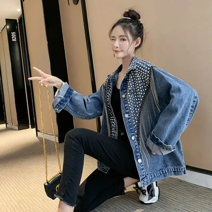 2025 Autumn New Denim Jacket Women Overcoat Streetwear Hand-studded Rivet Tassel Jeans Jacket Loose Black Coats Outerwear P725
