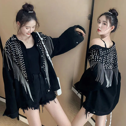 2025 Autumn New Denim Jacket Women Overcoat Streetwear Hand-studded Rivet Tassel Jeans Jacket Loose Black Coats Outerwear P725
