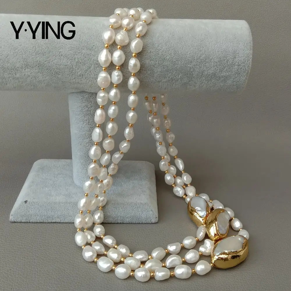 Y·YING 20' 3 Rows Cultured Baroque Pearl Necklace Keshi Pearl Gold Color Plated Connector Chokers Luxury Wedding for Women