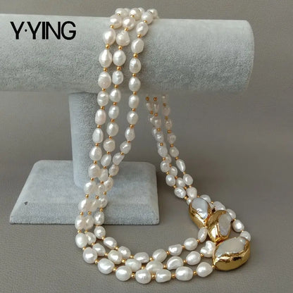 Y·YING 20' 3 Rows Cultured Baroque Pearl Necklace Keshi Pearl Gold Color Plated Connector Chokers Luxury Wedding for Women