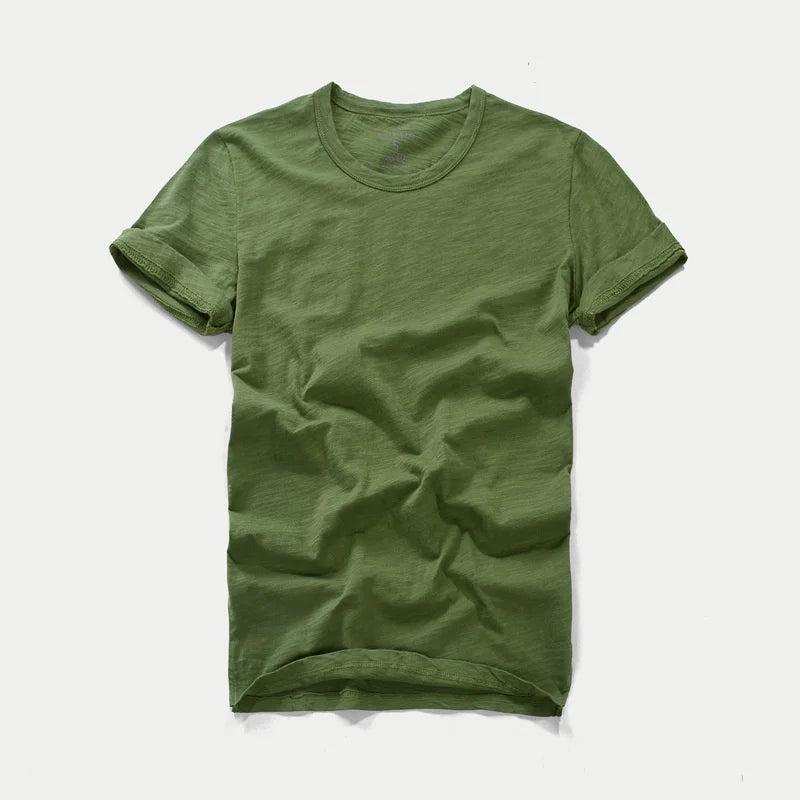 Summer Men's Short Sleeve T-shirt Round Neck Slim Fit Pure Cotton Tees Slubby Cotton Solid Color Soft Thin Tops Tshirts