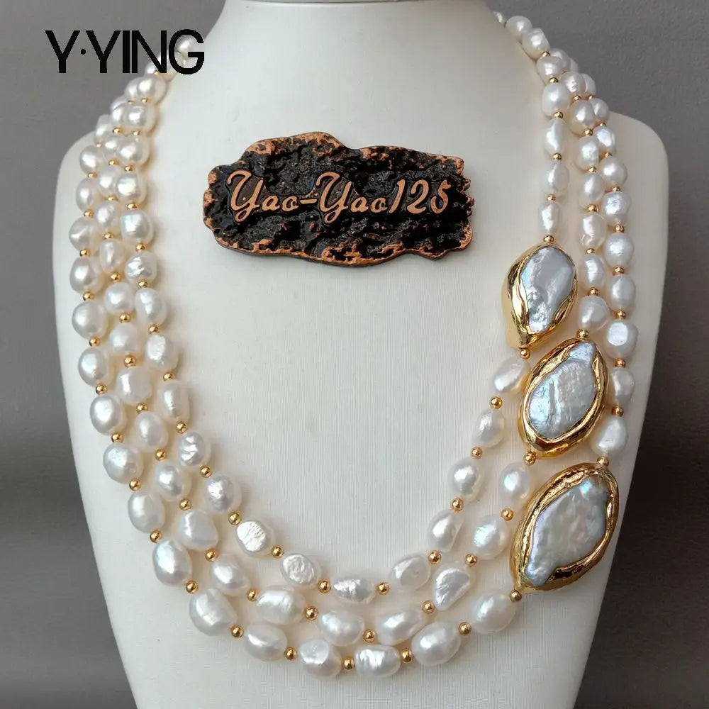 Y·YING 20' 3 Rows Cultured Baroque Pearl Necklace Keshi Pearl Gold Color Plated Connector Chokers Luxury Wedding for Women
