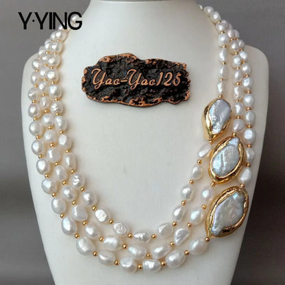 Y·YING 20' 3 Rows Cultured Baroque Pearl Necklace Keshi Pearl Gold Color Plated Connector Chokers Luxury Wedding for Women