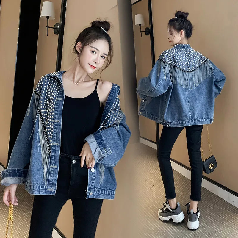 2025 Autumn New Denim Jacket Women Overcoat Streetwear Hand-studded Rivet Tassel Jeans Jacket Loose Black Coats Outerwear P725