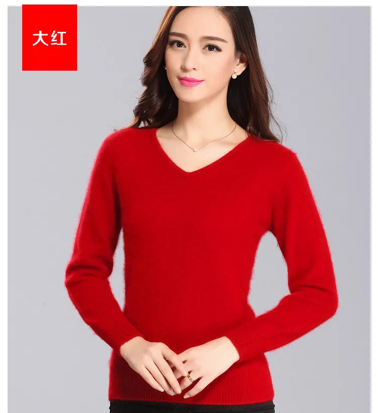 Super Warm Fluffy Mink Cashmere Soft Fur V-neck Sweaters and Pullovers for Women Autumn Winter Jumper Female Brand Jumper