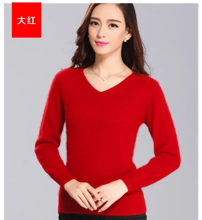 Super Warm Fluffy Mink Cashmere Soft Fur V-neck Sweaters and Pullovers for Women Autumn Winter Jumper Female Brand Jumper
