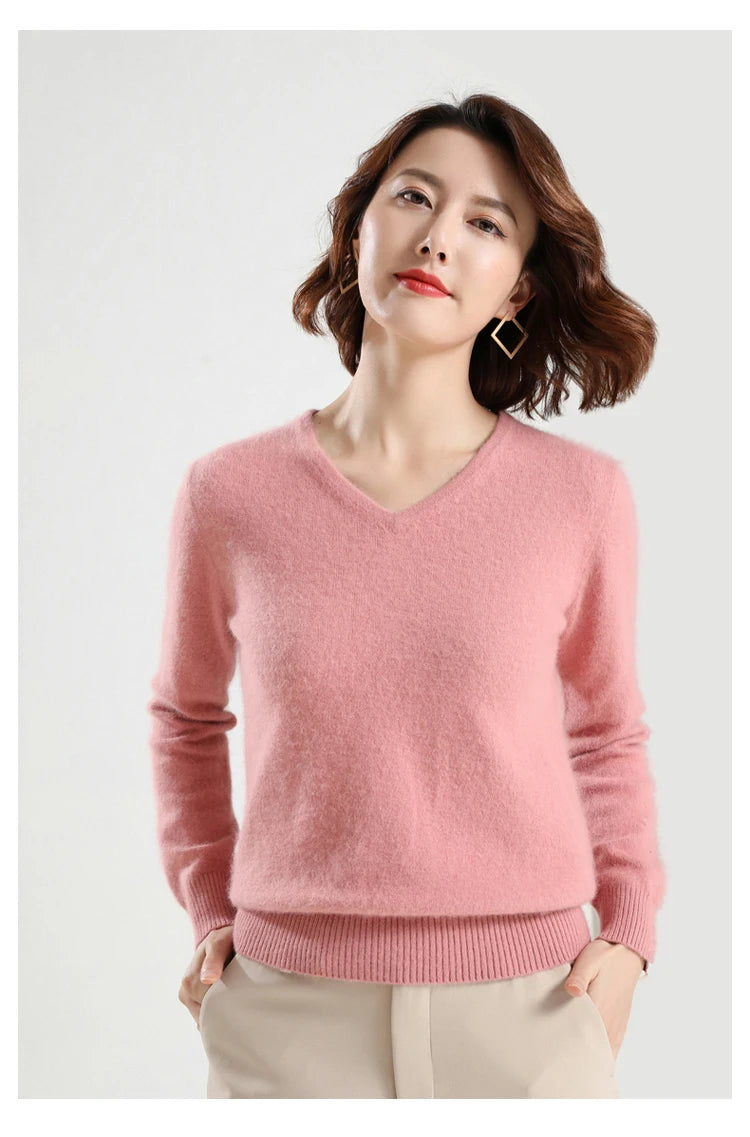 Super Warm Fluffy Mink Cashmere Soft Fur V-neck Sweaters and Pullovers for Women Autumn Winter Jumper Female Brand Jumper