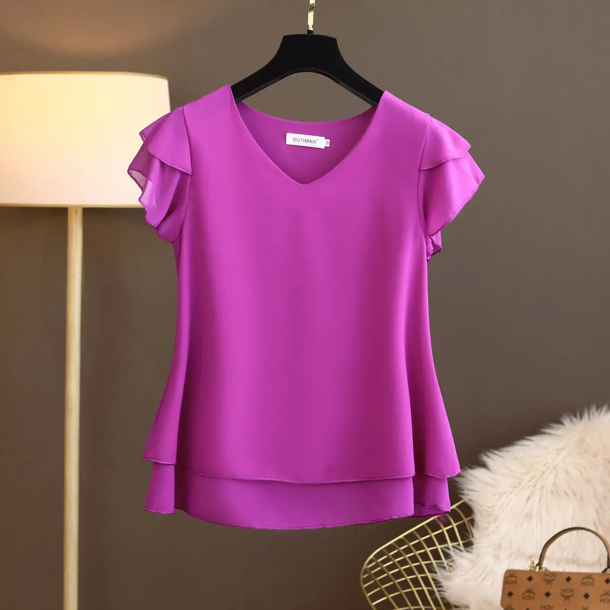 2026 New Summer Women Blouse Loose V-Neck Chiffon Shirt Female Short Sleeve Blouse Oversized Shirts womens tops and blouses Top