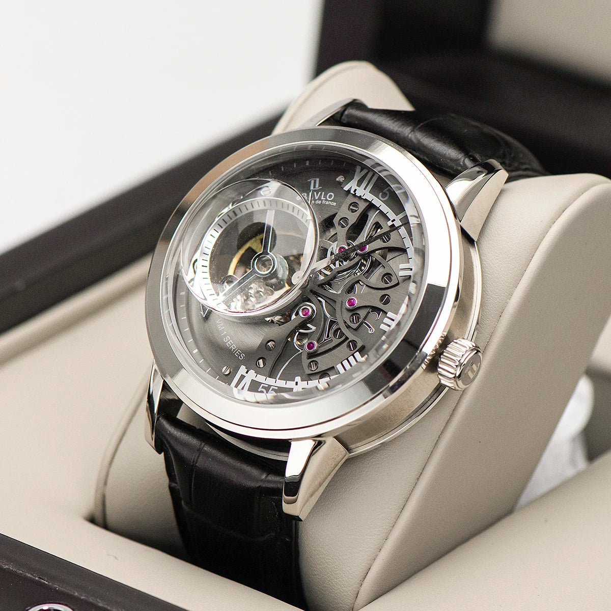 OBLVLO Luxury Retro Casual Men Skeleton Automatic Watches Mechanical Calfskin Strap Mineral Crystal Glass Waterproof Dial 45 VM