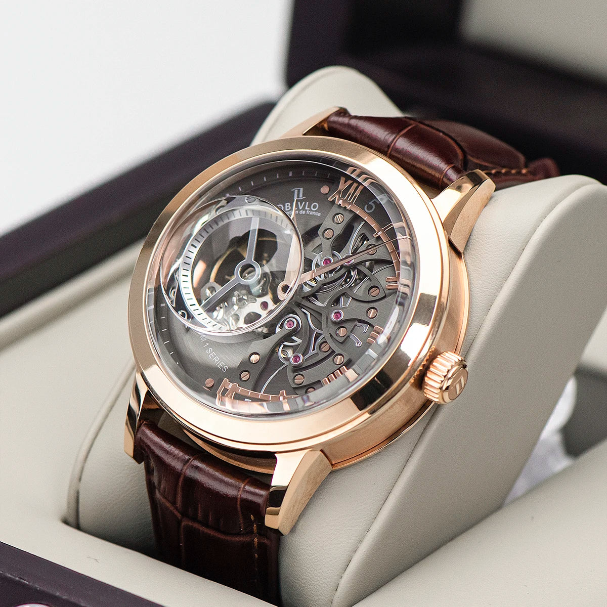 OBLVLO Luxury Retro Casual Men Skeleton Automatic Watches Mechanical Calfskin Strap Mineral Crystal Glass Waterproof Dial 45 VM