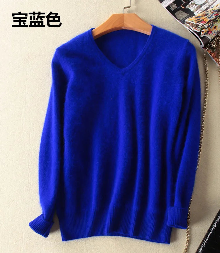 Super Warm Fluffy Mink Cashmere Soft Fur V-neck Sweaters and Pullovers for Women Autumn Winter Jumper Female Brand Jumper