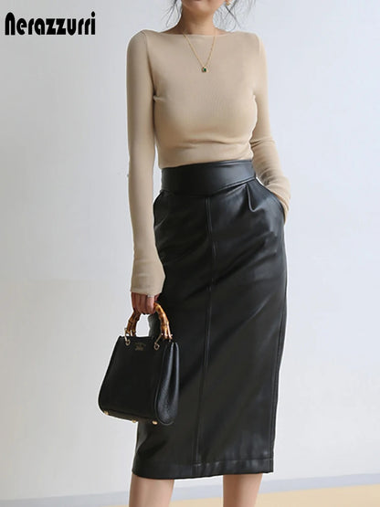 Nerazzurri Spring Midi Pu Leather Skirt Women Brown White Black Long High Waisted Pencil Skirts for Women 2023 Side Slit Zipper
