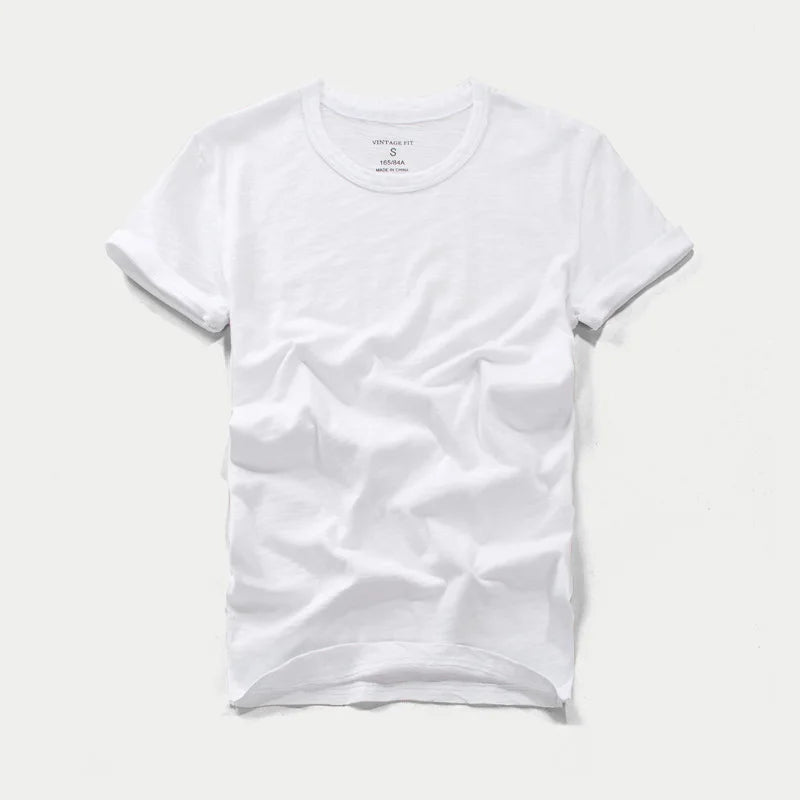 Summer Men's Short Sleeve T-shirt Round Neck Slim Fit Pure Cotton Tees Slubby Cotton Solid Color Soft Thin Tops Tshirts