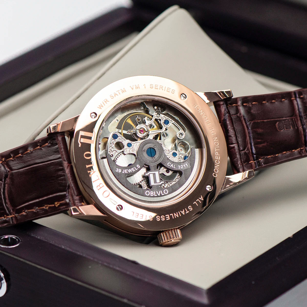 OBLVLO Luxury Retro Casual Men Skeleton Automatic Watches Mechanical Calfskin Strap Mineral Crystal Glass Waterproof Dial 45 VM