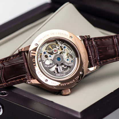 OBLVLO Luxury Retro Casual Men Skeleton Automatic Watches Mechanical Calfskin Strap Mineral Crystal Glass Waterproof Dial 45 VM