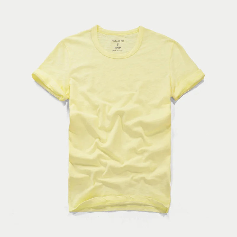 Summer Men's Short Sleeve T-shirt Round Neck Slim Fit Pure Cotton Tees Slubby Cotton Solid Color Soft Thin Tops Tshirts